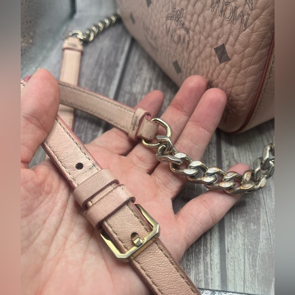 MCM Visetos Mini Camera Crossbody Bag Powder Pink Leather Chain Strap - Picture 14 of 16